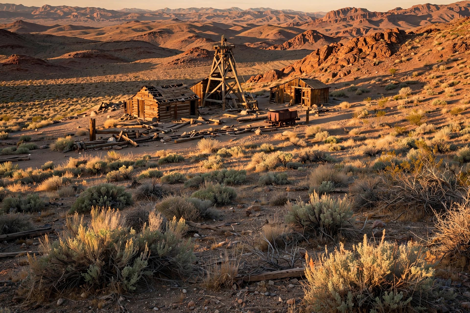 Historic wooden mine headframe and cabins in the Nevada desert at golden hour