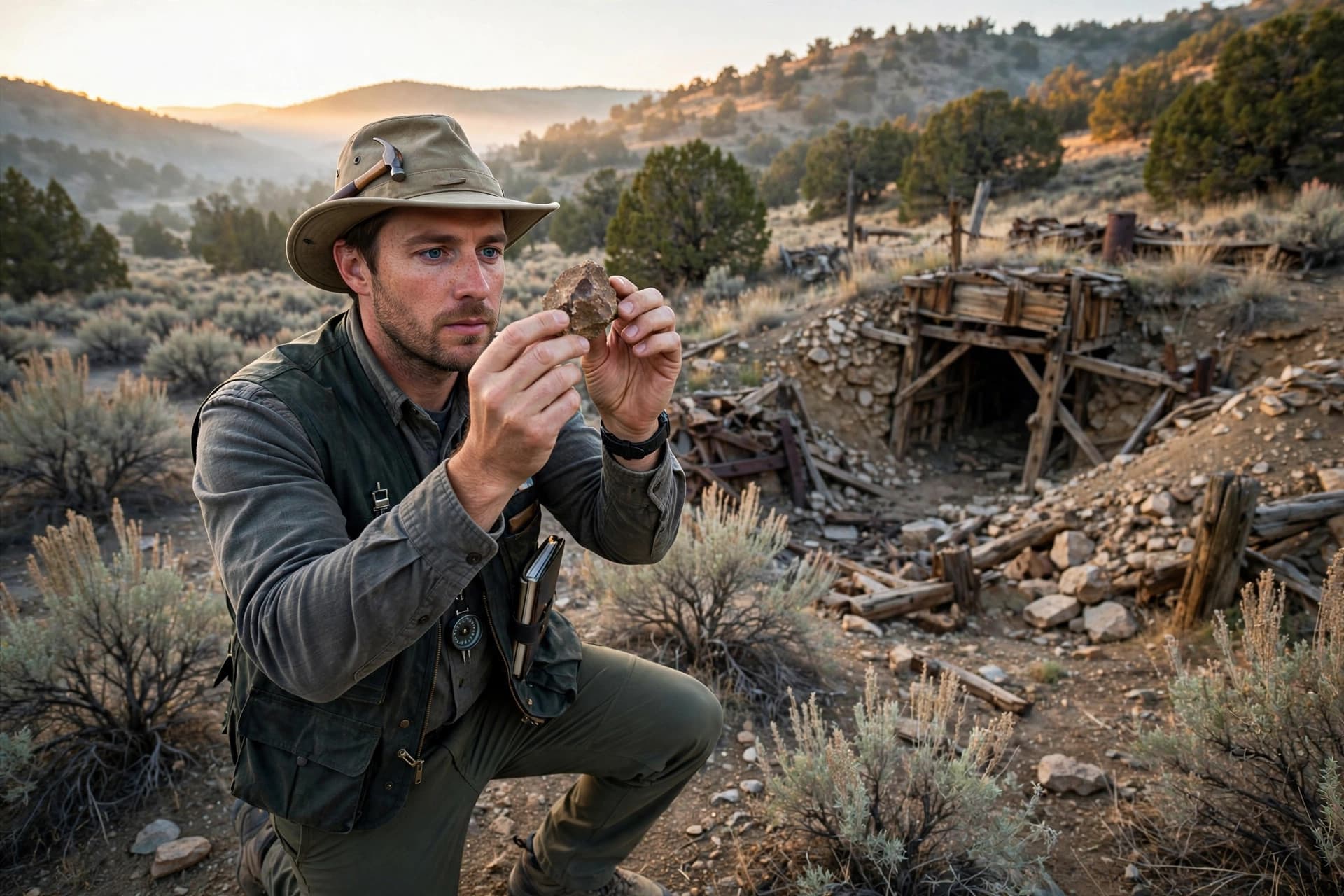 Geologist examining a rock sample at dawn near historic mine workings in Nevada sagebrush country