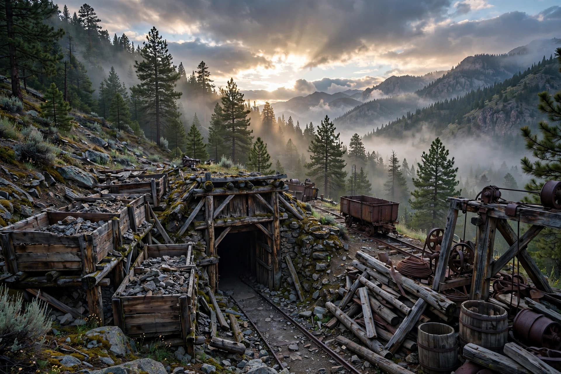 Historic timbered underground mine portal in the pine-forested mountains of east-central Idaho at dawn