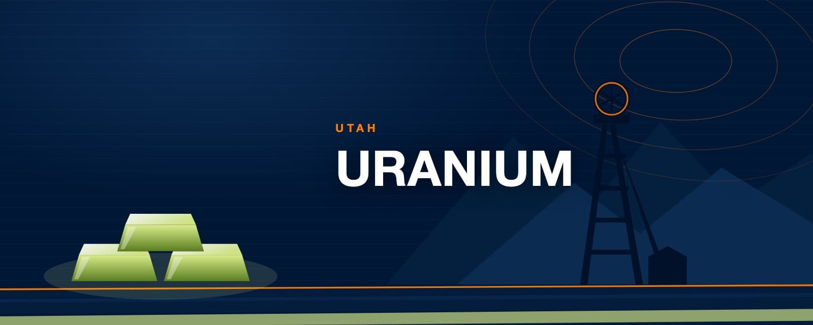 Branded illustration of uranium ingots and a mine headframe over the Utah skyline