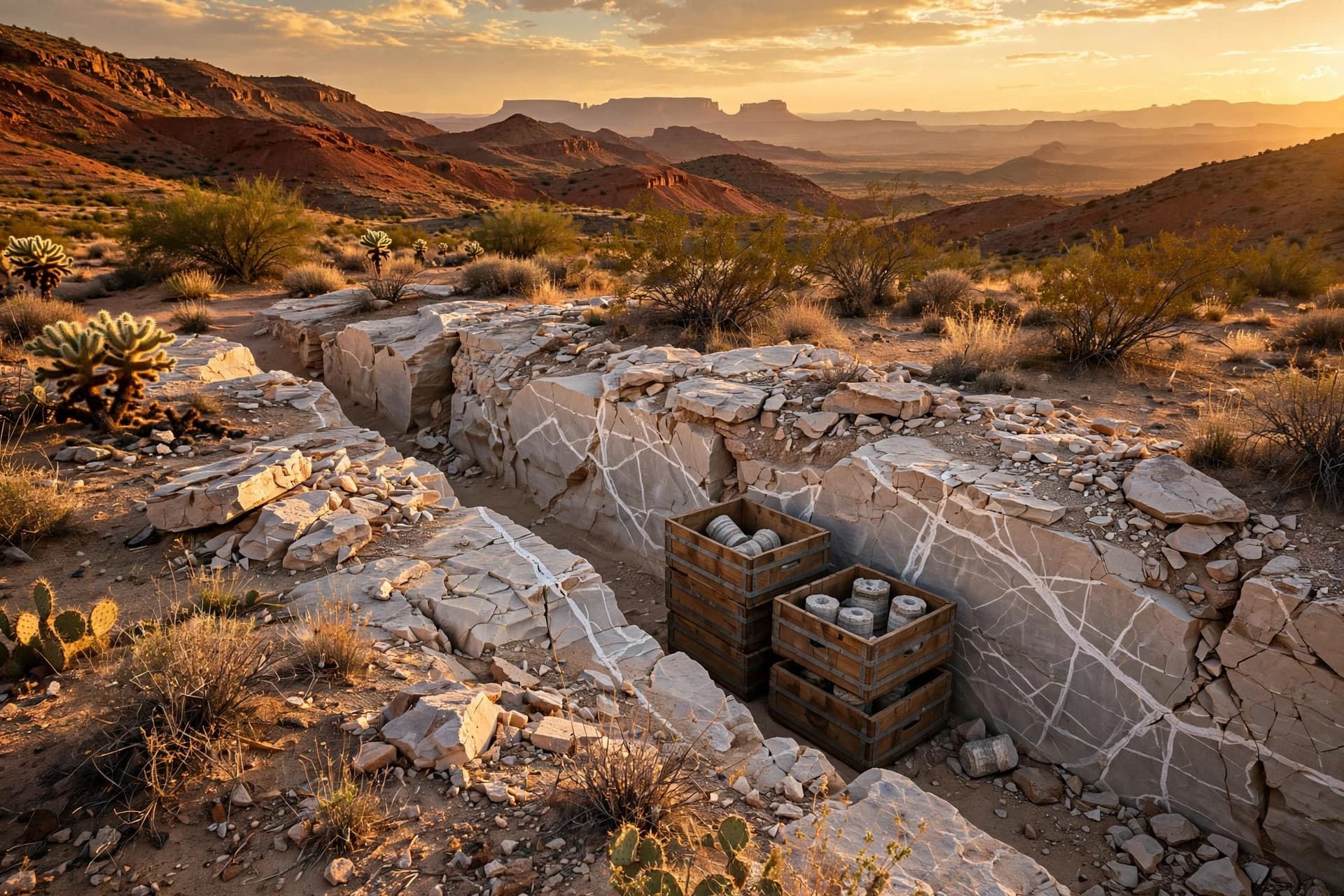 Exploration trench through quartz-veined rock in Arizona desert gold country