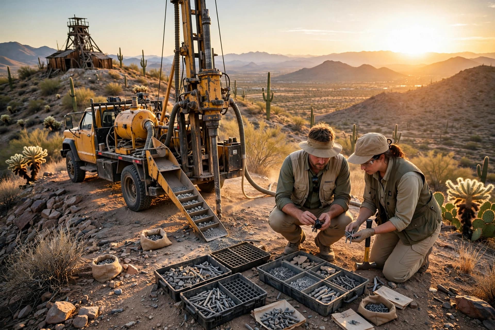 Reverse circulation drill rig on a desert ridge near Tombstone in southeastern Arizona at golden hour, geologists examining drill samples with desert mountains behind