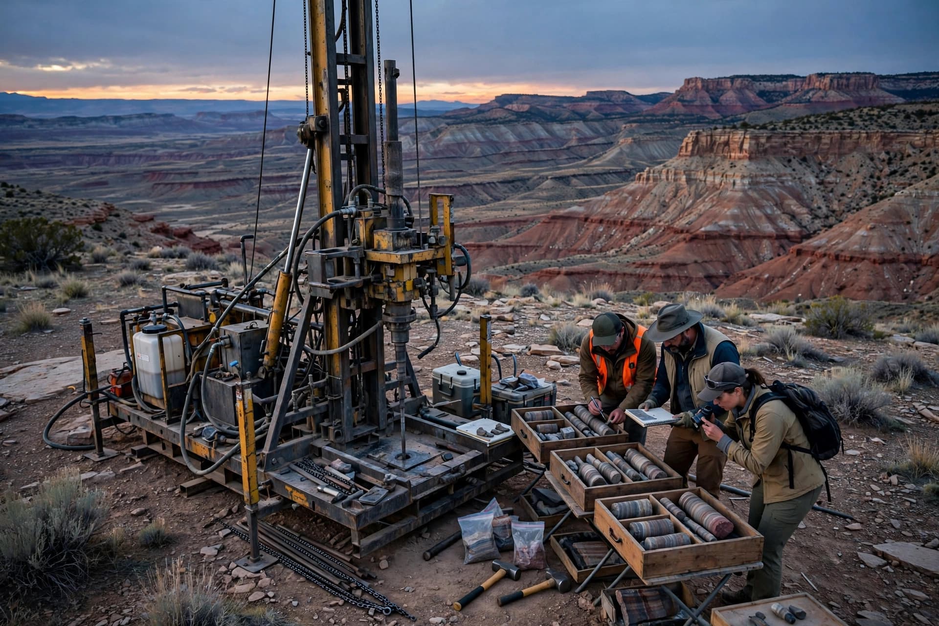 Diamond drill rig and geologists logging core on a high-desert plateau in Utah at dusk