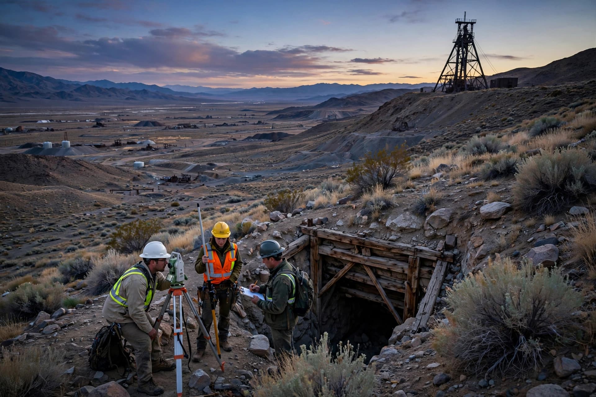 Historic silver-district headframe silhouetted against a wide Nevada desert valley at dusk, engineers surveying a portal site