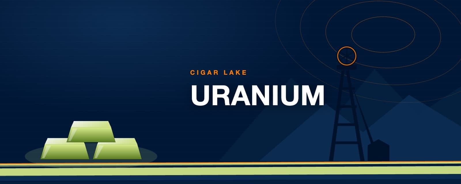 Branded illustration of uranium ingots and a mine headframe for the Cigar Lake restart