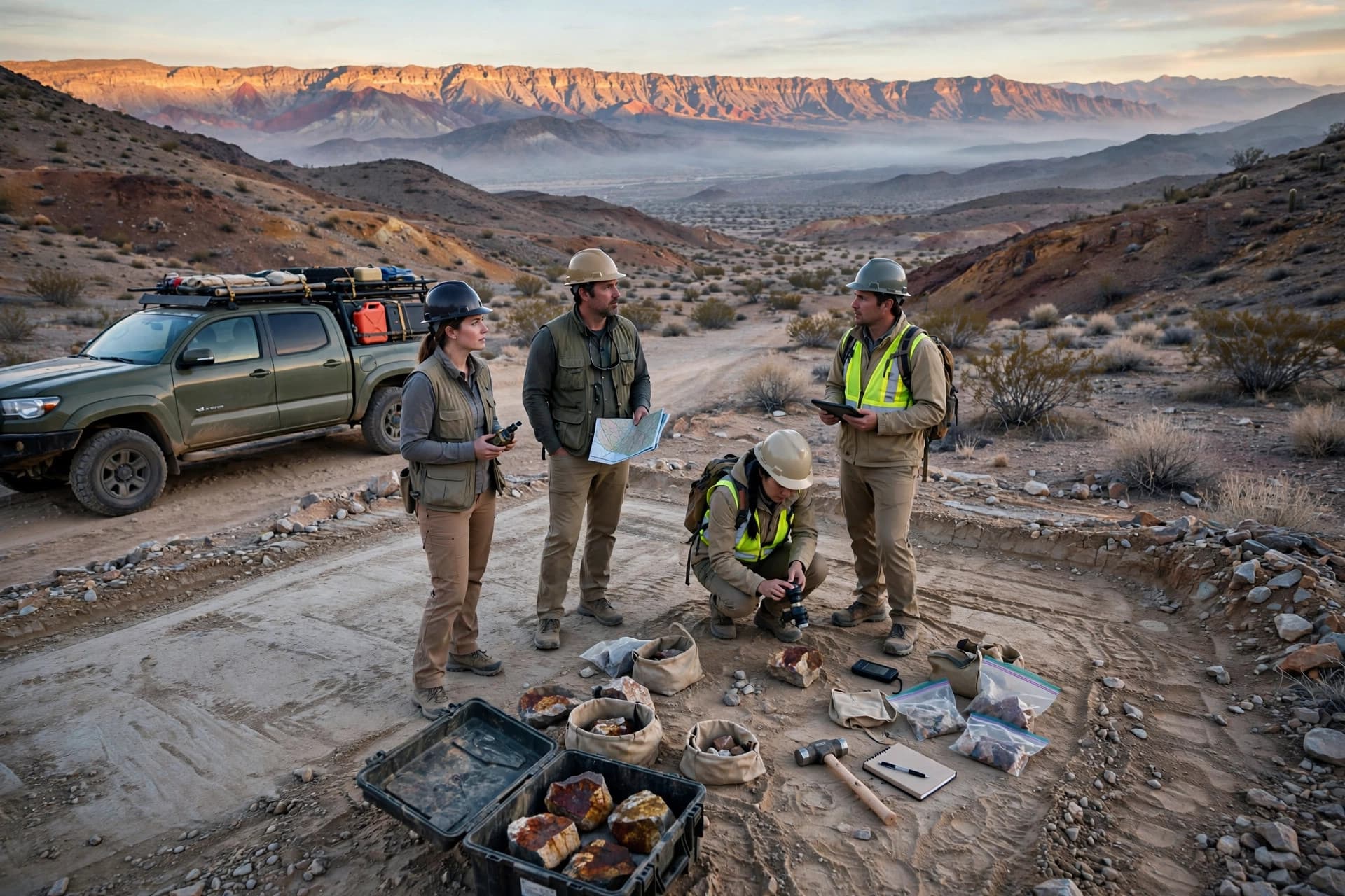 Exploration geology team examining oxide gold samples on a new drill pad in Mohave County, Arizona desert at dawn, mineralized ridges behind