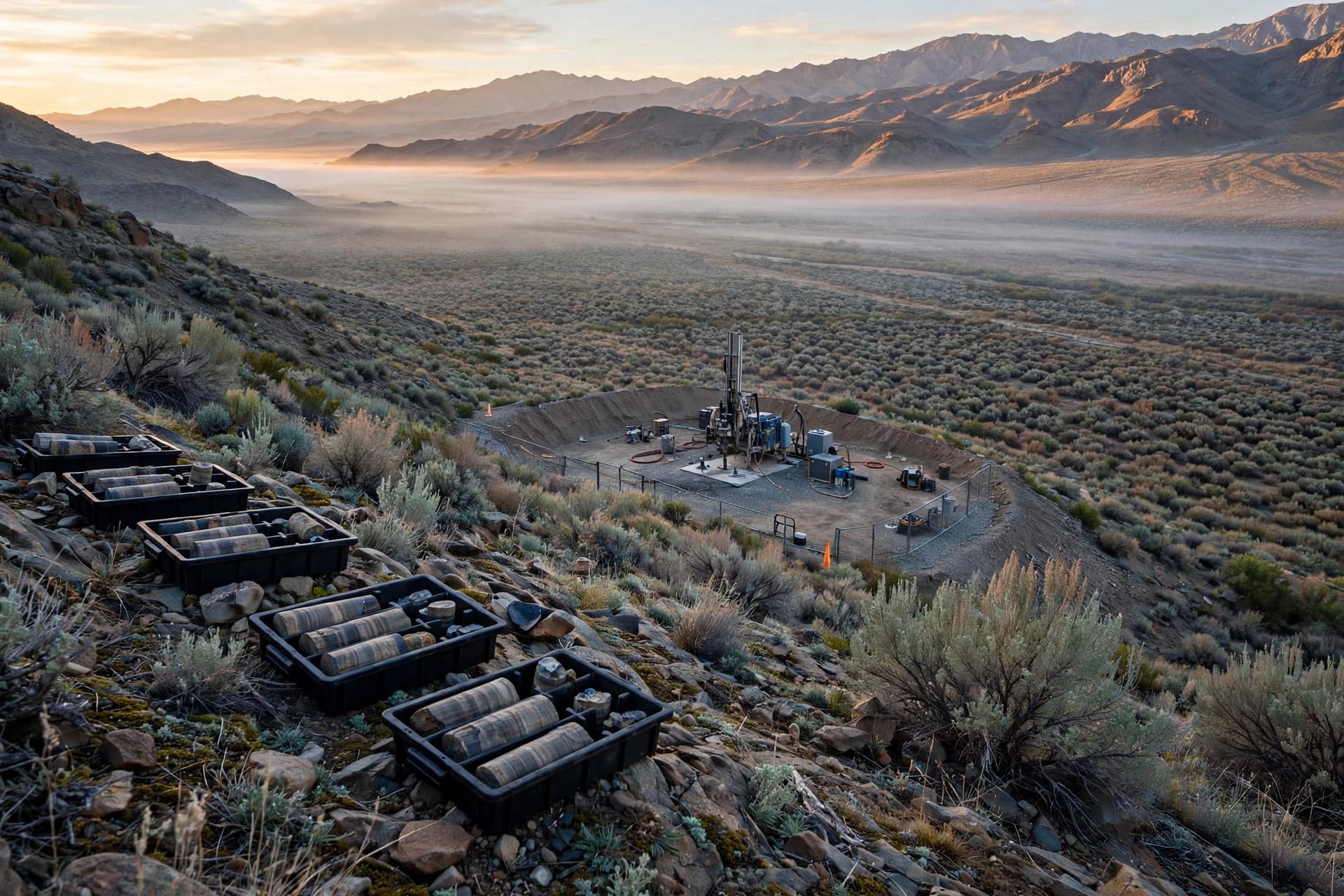 Exploration drill pad and core trays on a sagebrush hillside above a wide desert valley in Nevada's Cortez district at dawn