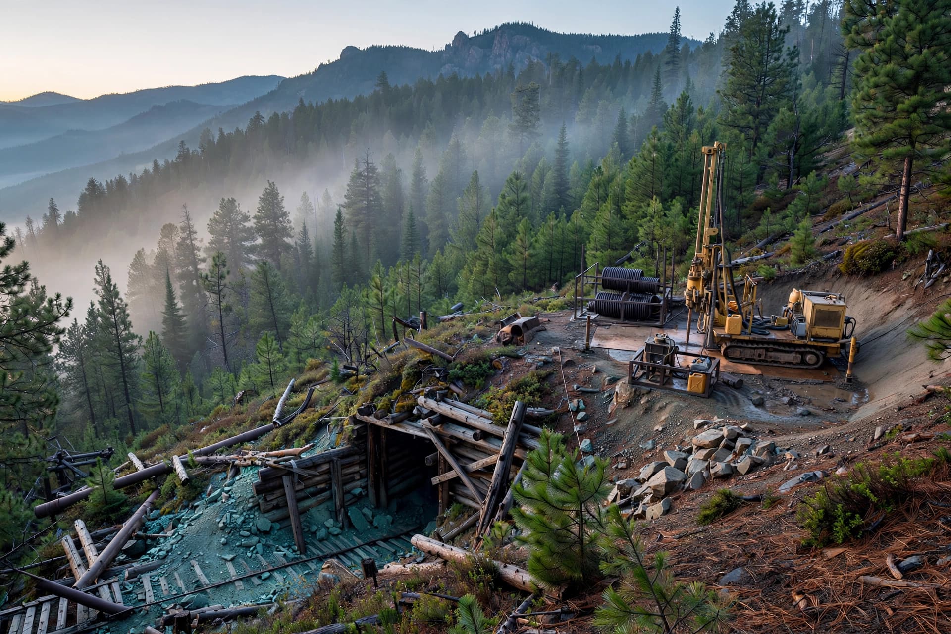 Forested Idaho mountain ridge near Salmon with historic exploration workings in morning light