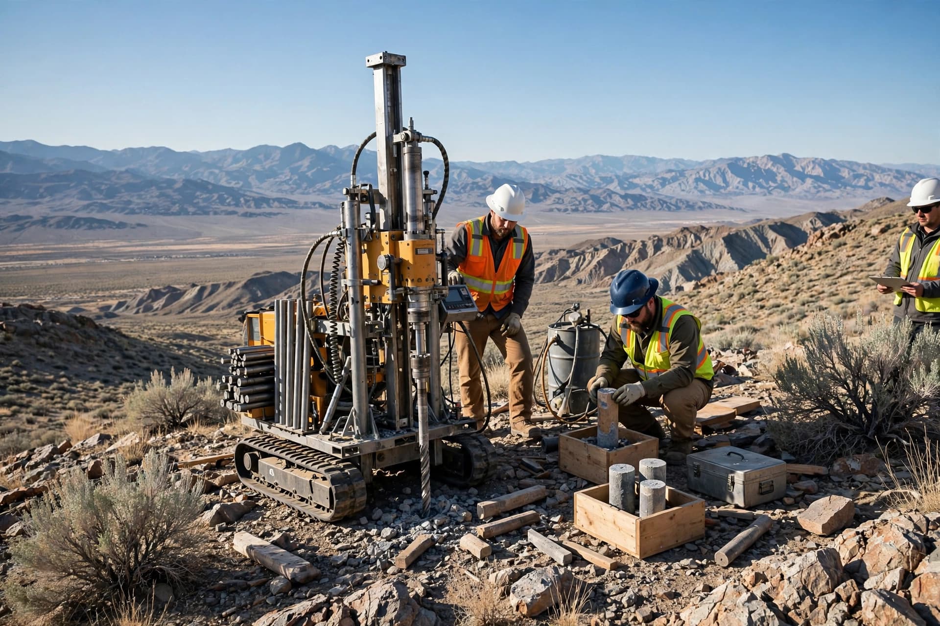 Portable diamond core drill rig on a rocky hilltop above Great Basin desert valleys in Pershing County, Nevada, drill crew handling core under a clear morning sky