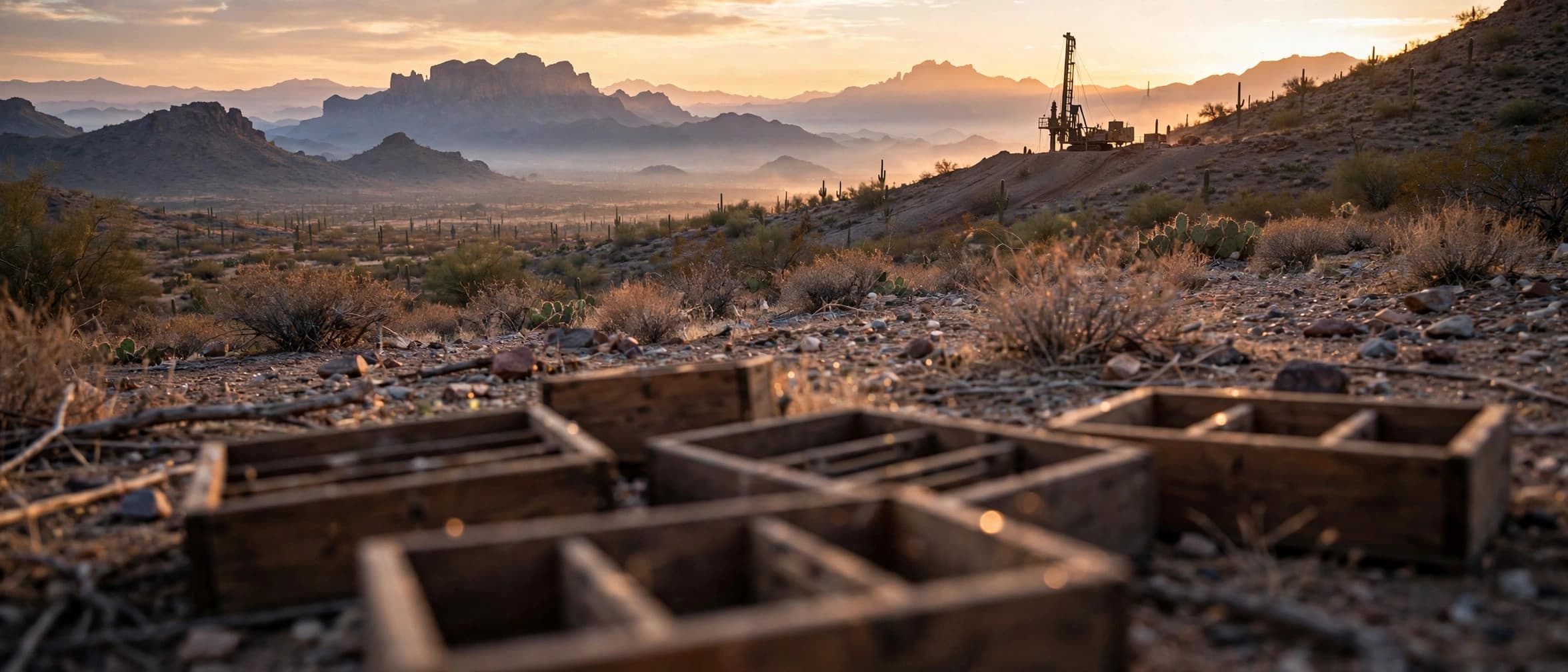 Exploration drill rig on a desert hillside in west-central Arizona at sunrise with empty core boxes in the foreground