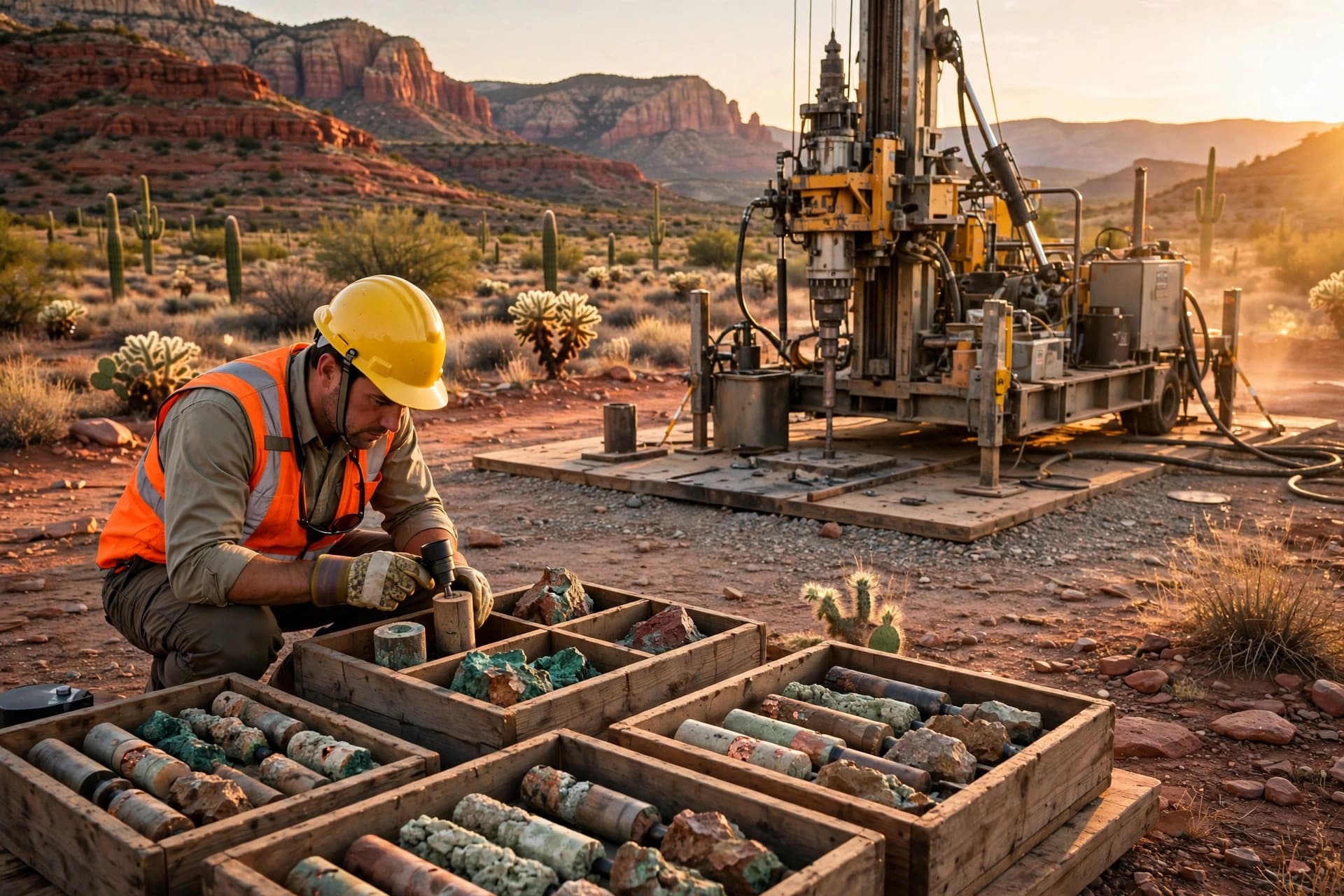 Drill rig on a desert pad in Arizona red-rock country at golden hour, a geologist examining core in wooden boxes in the foreground
