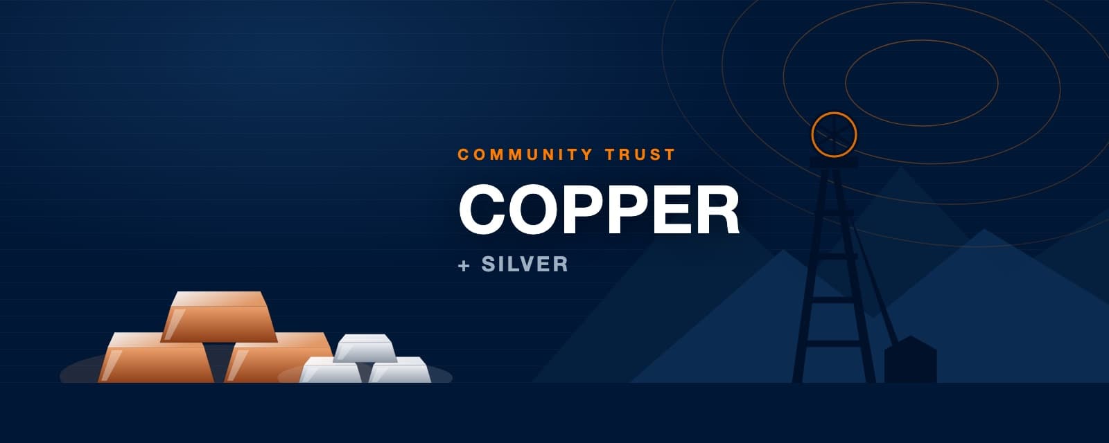 Branded illustration of copper ingots before a mine headframe