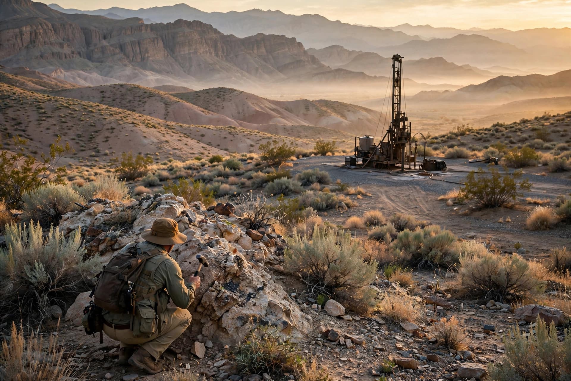 Geologist examining a silicified outcrop at dawn in Nevada desert hills, a drill rig on a pad in the distance