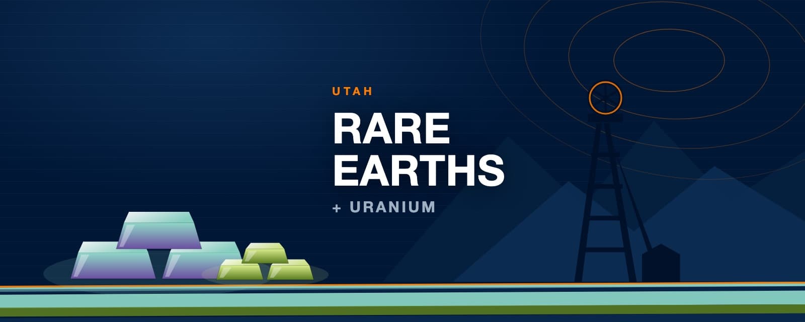 Branded illustration of rare earth ingot stacks before a Utah mine headframe