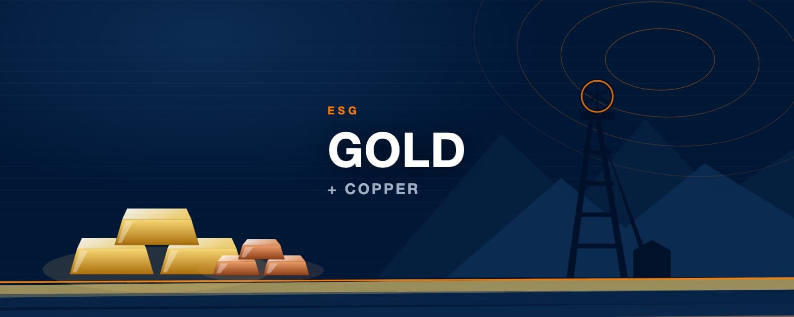 Branded illustration of gold ingots before a reclaimed mine headframe