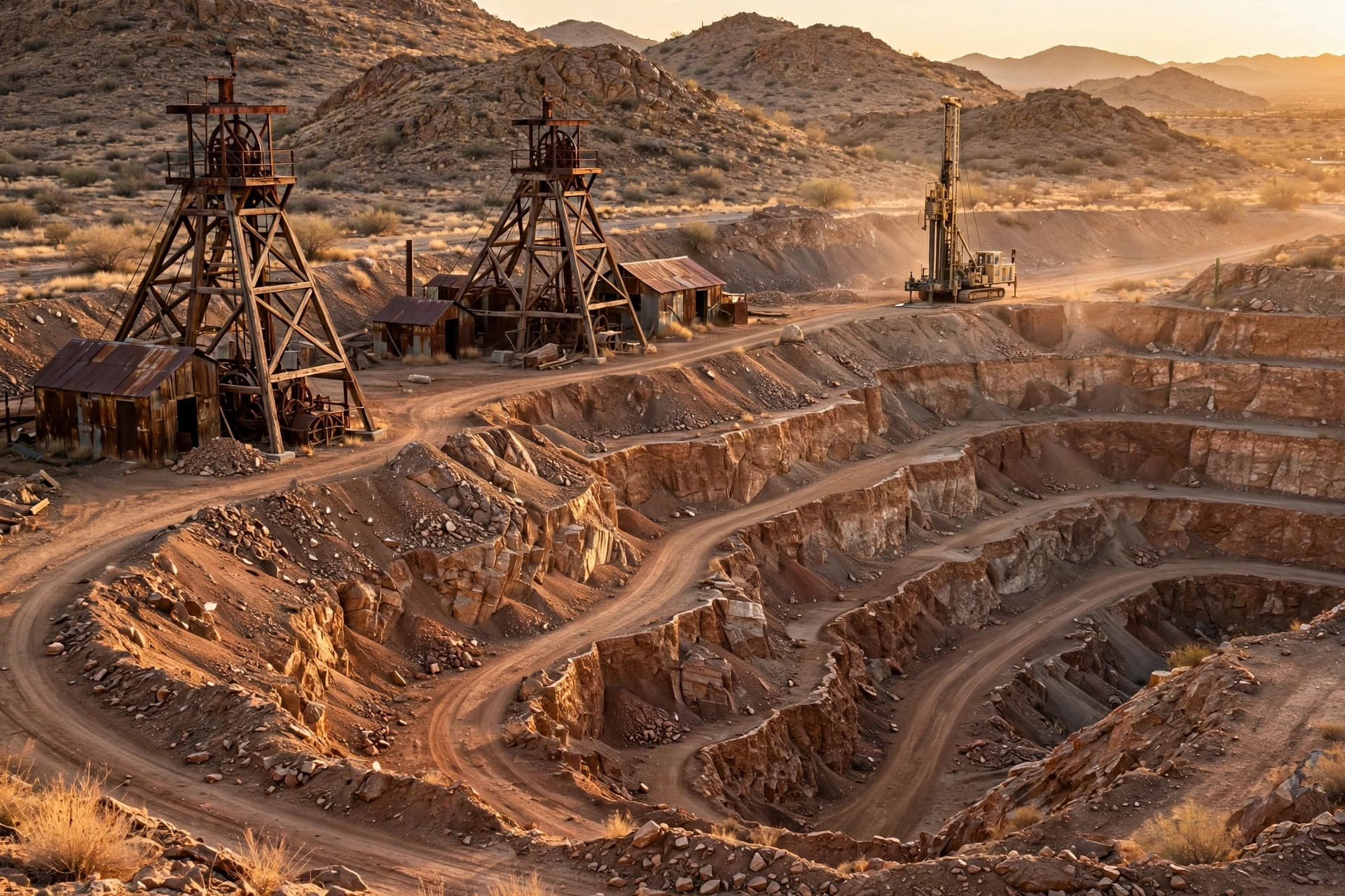 Historic copper mine headframes and terraced workings in the Arizona desert at golden hour, a drill rig in the distance