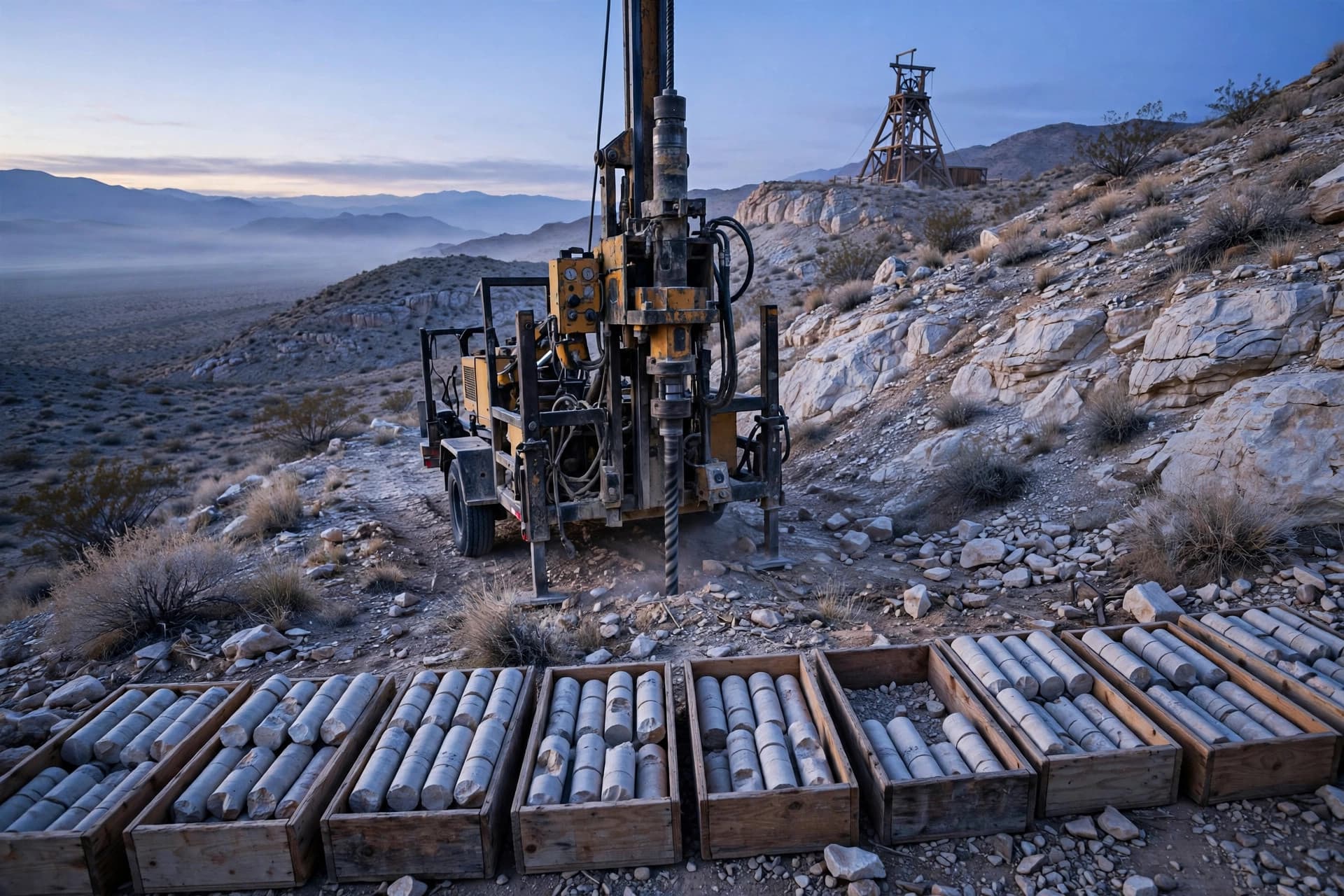 Diamond core drill rig on a Nevada limestone hillside at dawn with core boxes in the foreground