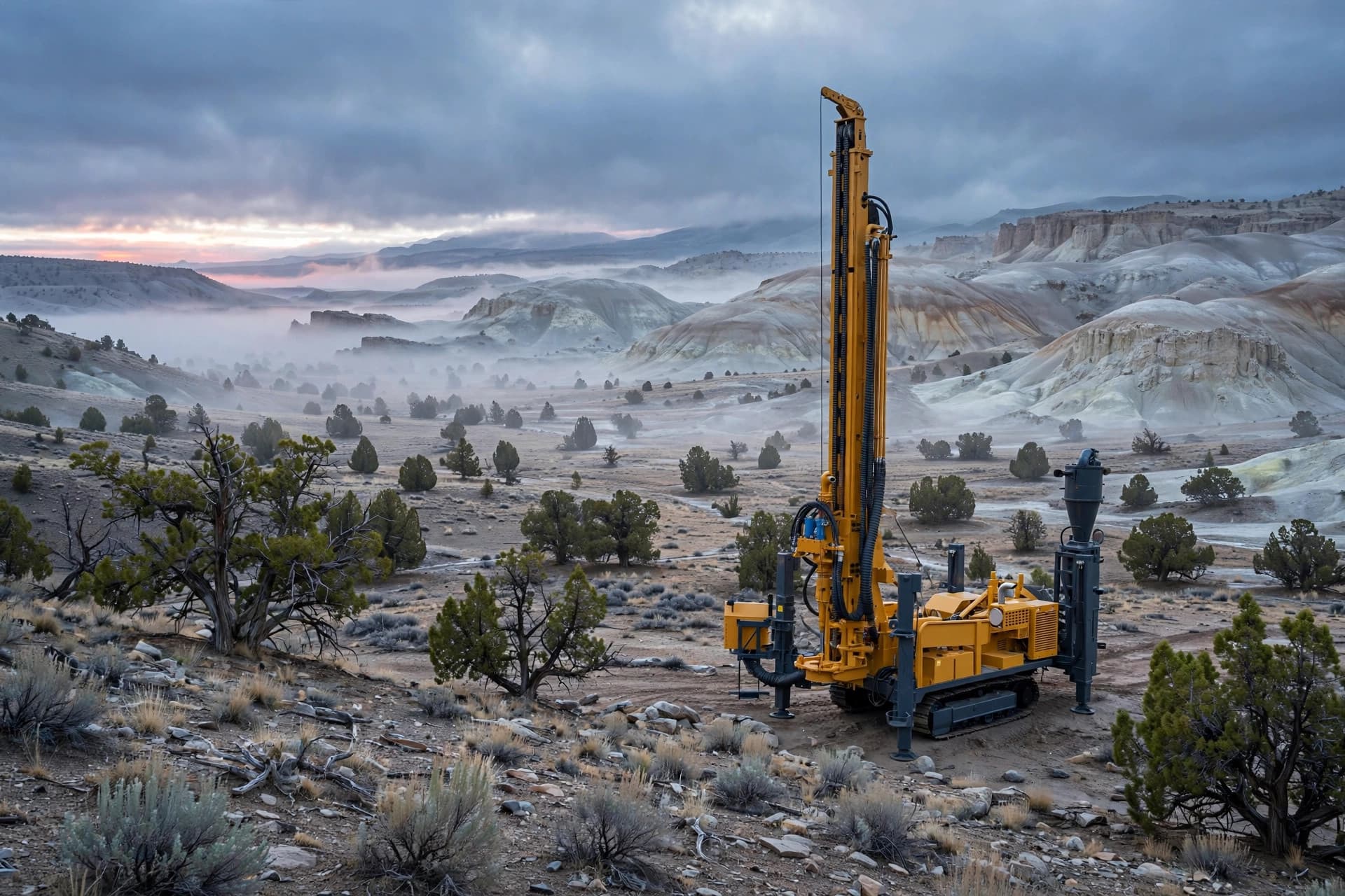 Reverse-circulation drill rig setting up at first light beneath rhyolite domes and pale epithermal alteration in Nevada's Walker Lane