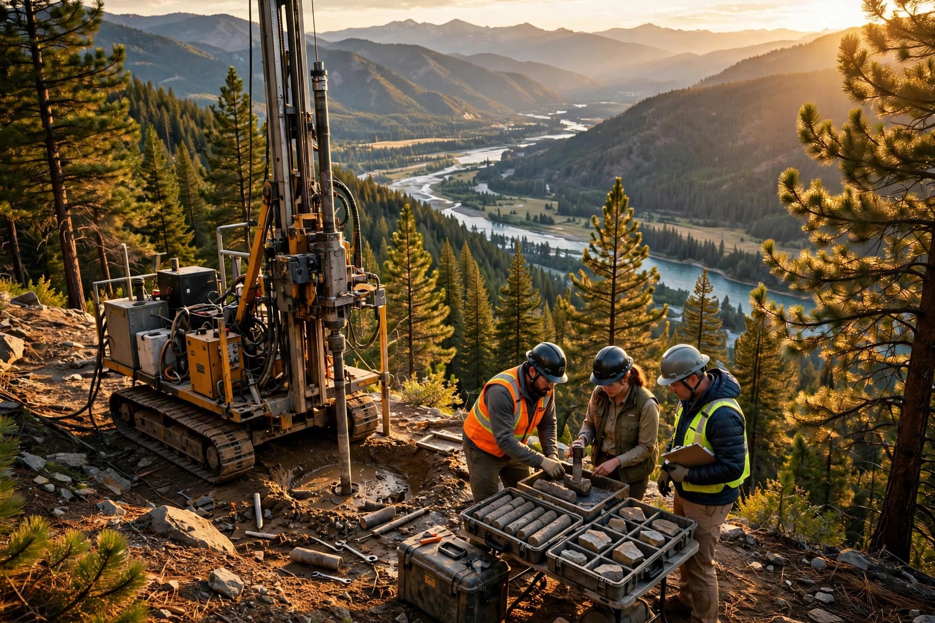 Diamond core drill rig on a forested mountainside above a river valley in western Idaho at golden hour, geologists examining core trays beside the rig