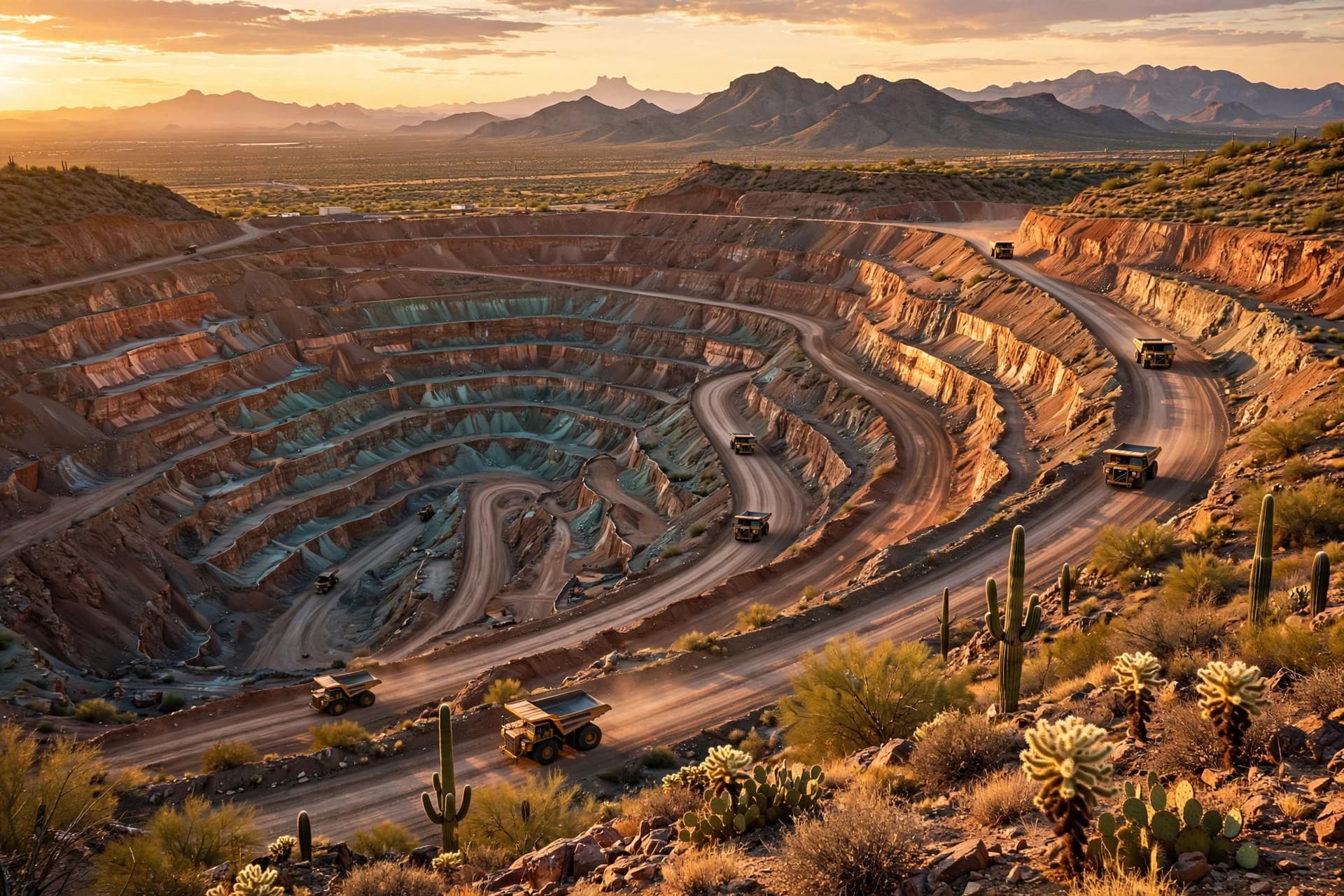 Large open-pit copper mine with terraced benches and haul trucks in the Arizona desert southeast of Tucson at golden hour, Santa Rita mountains behind