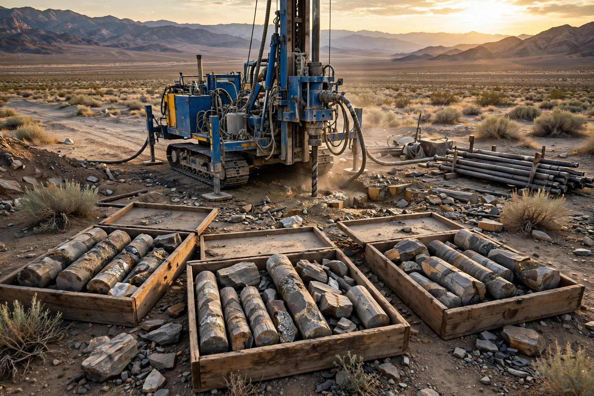 Diamond drill rig on a high-desert gold and silver mine near Winnemucca, Nevada at golden hour, core boxes in the foreground