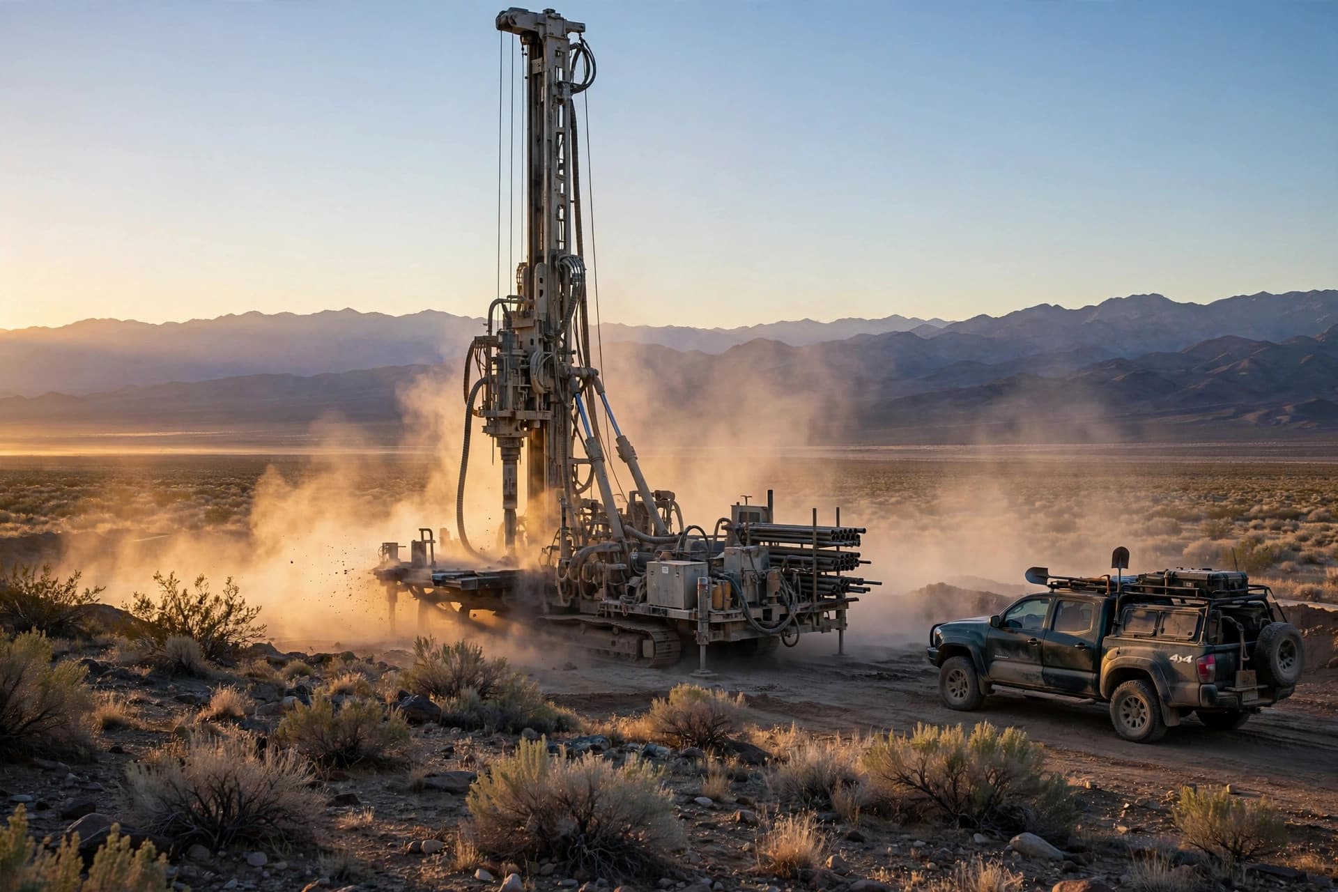 Exploration drill rig working on a high-desert Nevada gold exploration site at dawn