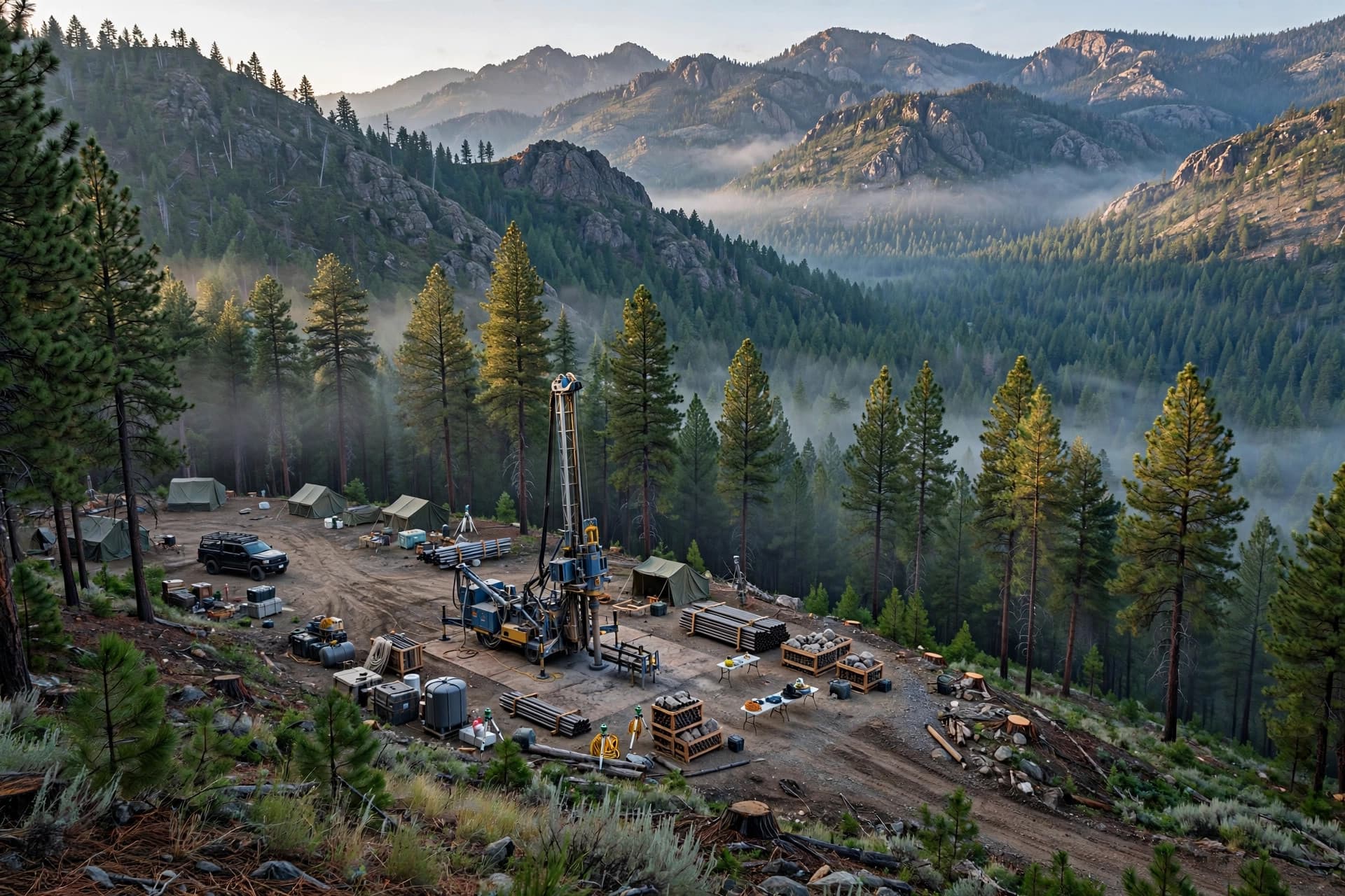 Forested Boise County mountains above a copper-molybdenum exploration camp in Idaho in morning light
