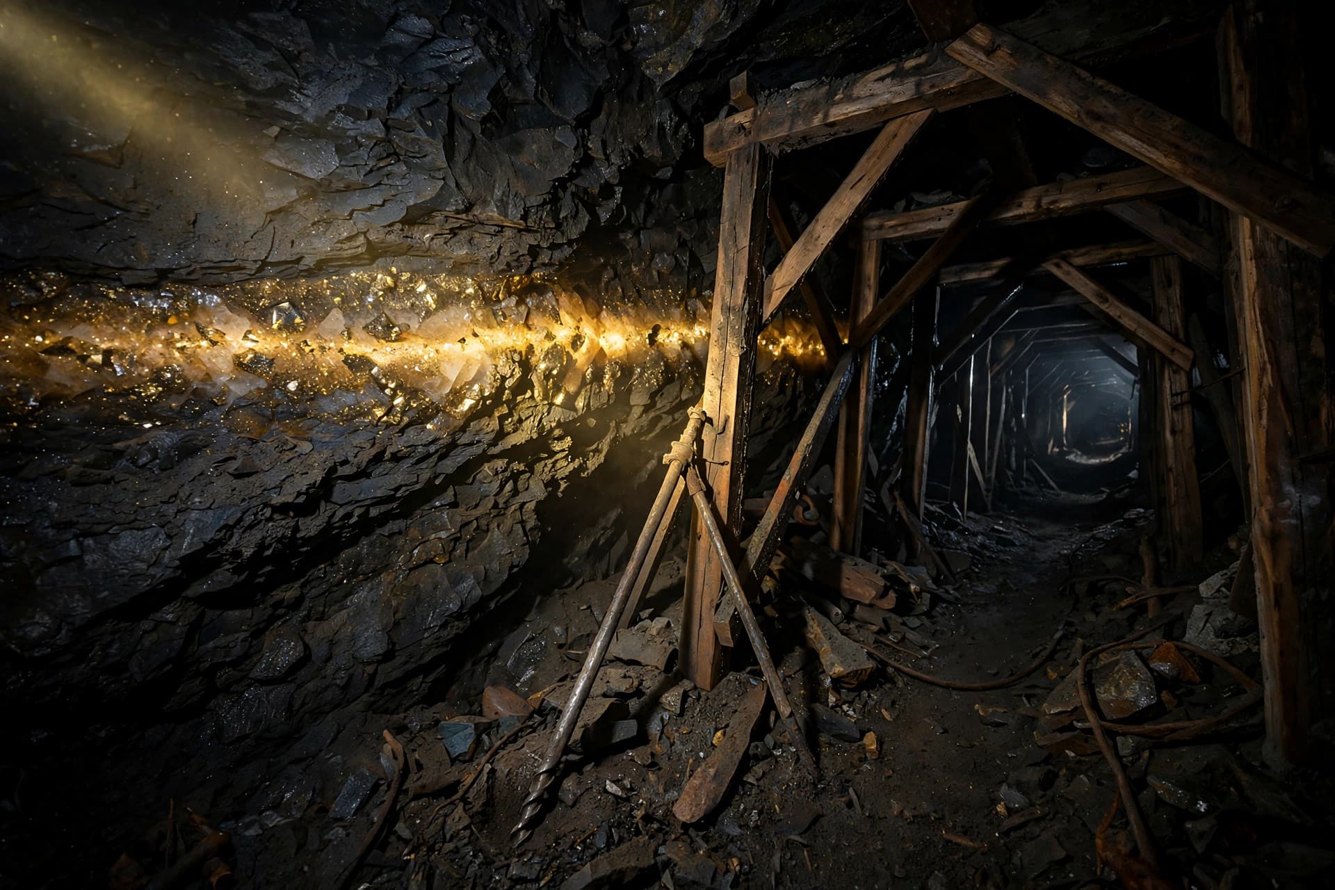 Underground gold mine stope with a golden quartz vein glowing against dark rock