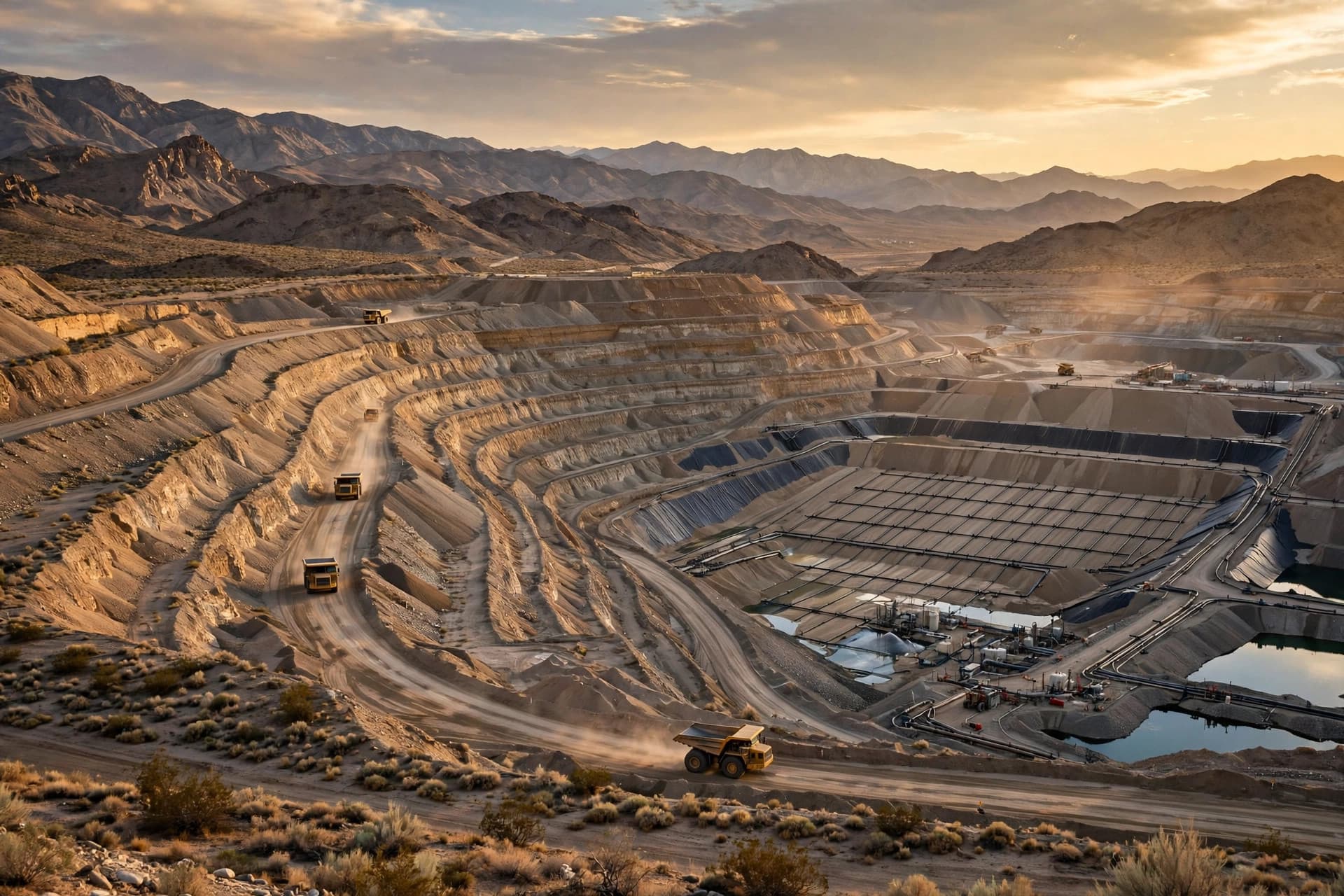 Large open-pit heap leach gold mine with terraced benches, haul trucks and leach pads in Pershing County, Nevada, Great Basin desert mountains behind at late afternoon