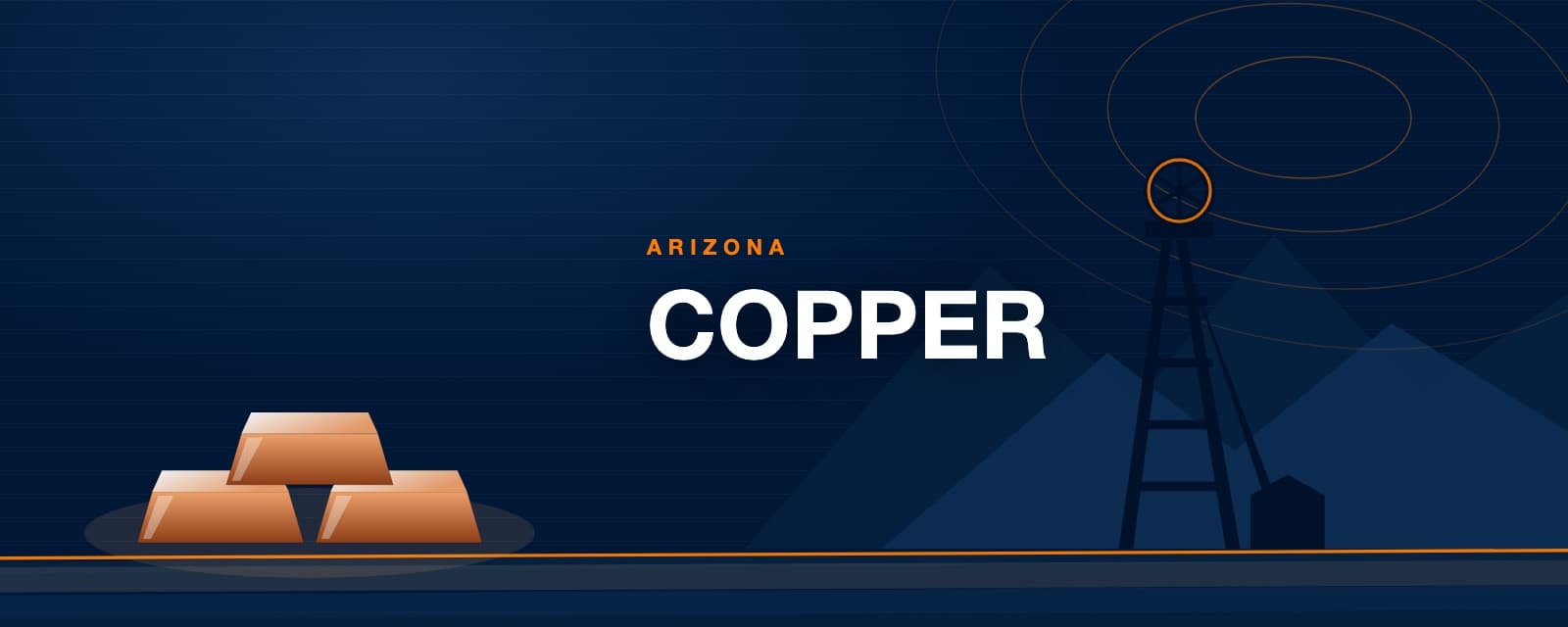 Branded illustration of copper ingots before an Arizona mine headframe