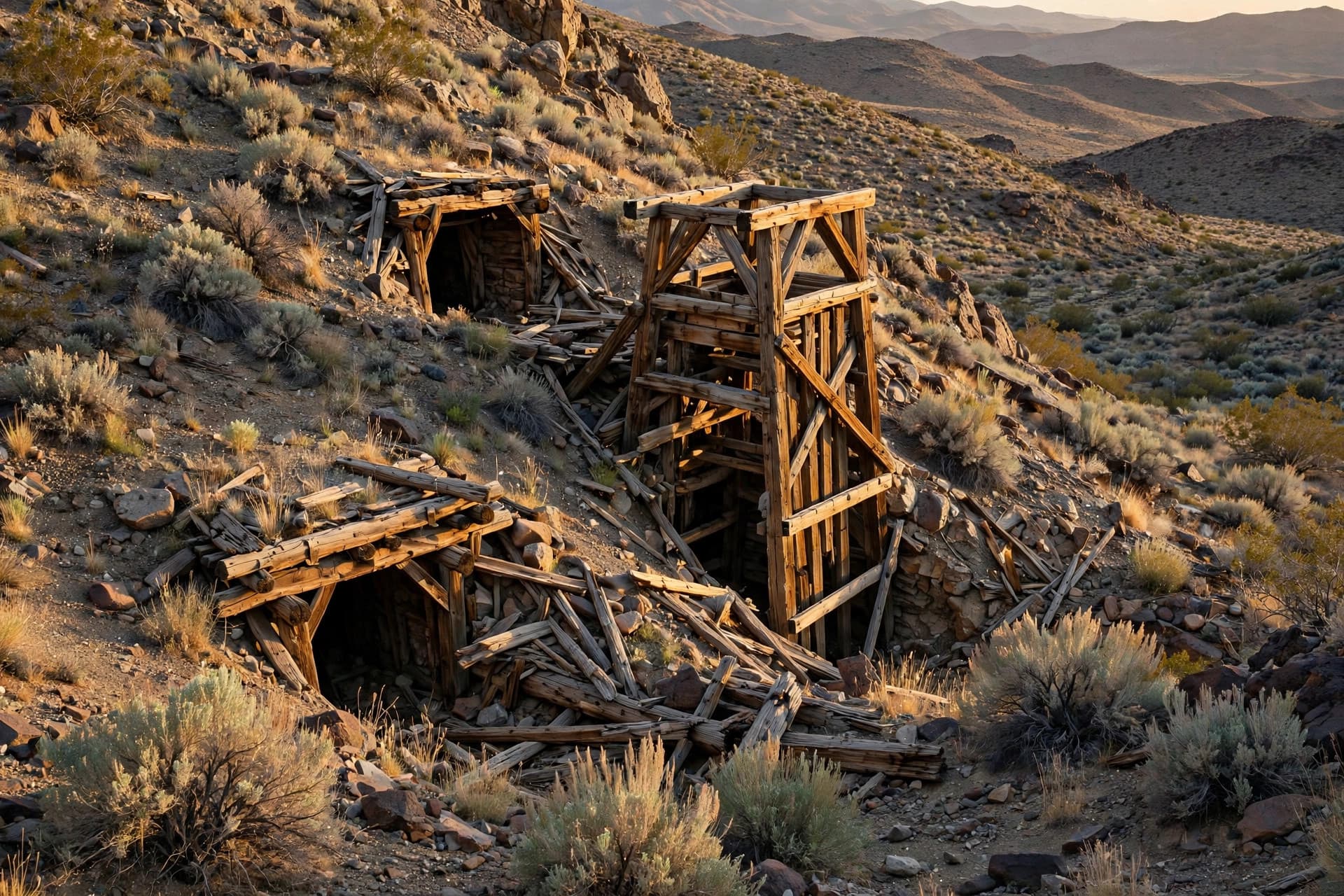 Historic antimony mine workings with weathered adits in rocky high-desert hills in Humboldt County, Nevada, sagebrush in the foreground at late afternoon