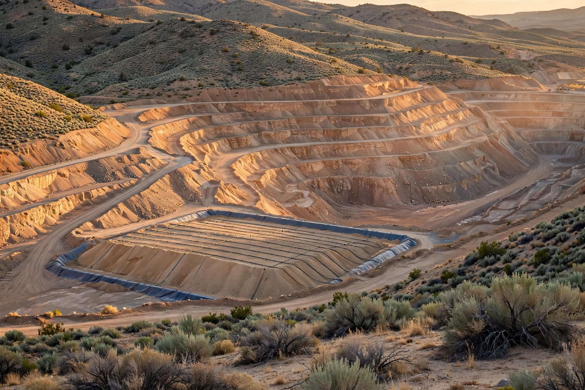 Terraced open-pit gold mine and heap leach pad in Nevada Walker Lane desert in late-afternoon light