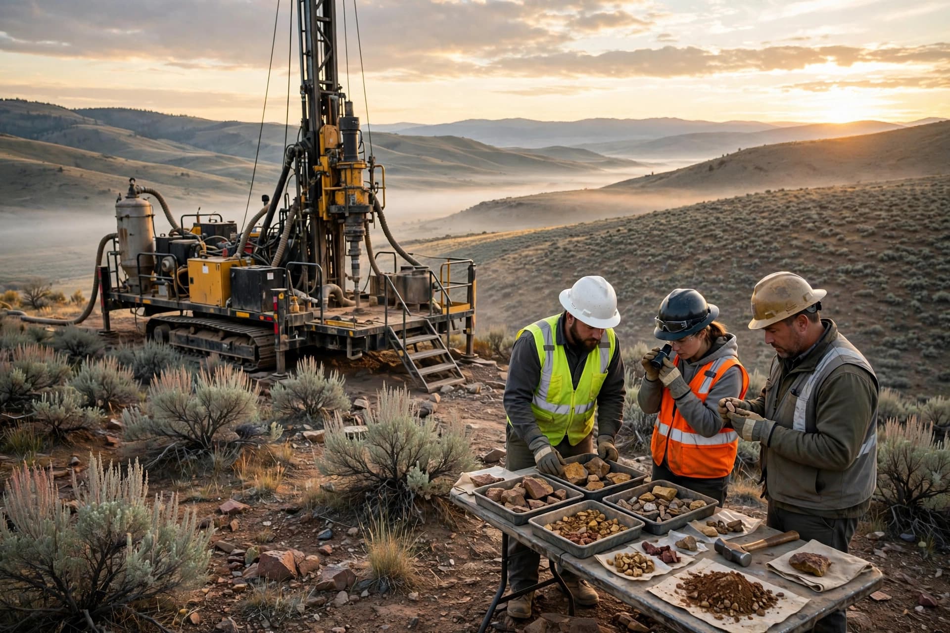 Reverse circulation drill rig on a sagebrush ridge in southeastern Idaho at dawn, exploration crew examining drill samples with Great Basin hills behind