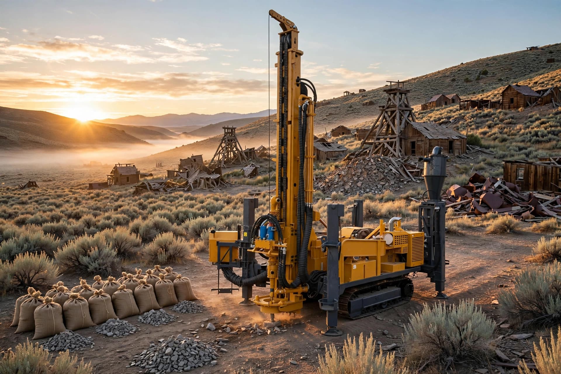 Reverse-circulation drill rig working at dawn in Nevada's Comstock mining district, sagebrush hills and historic mine workings behind