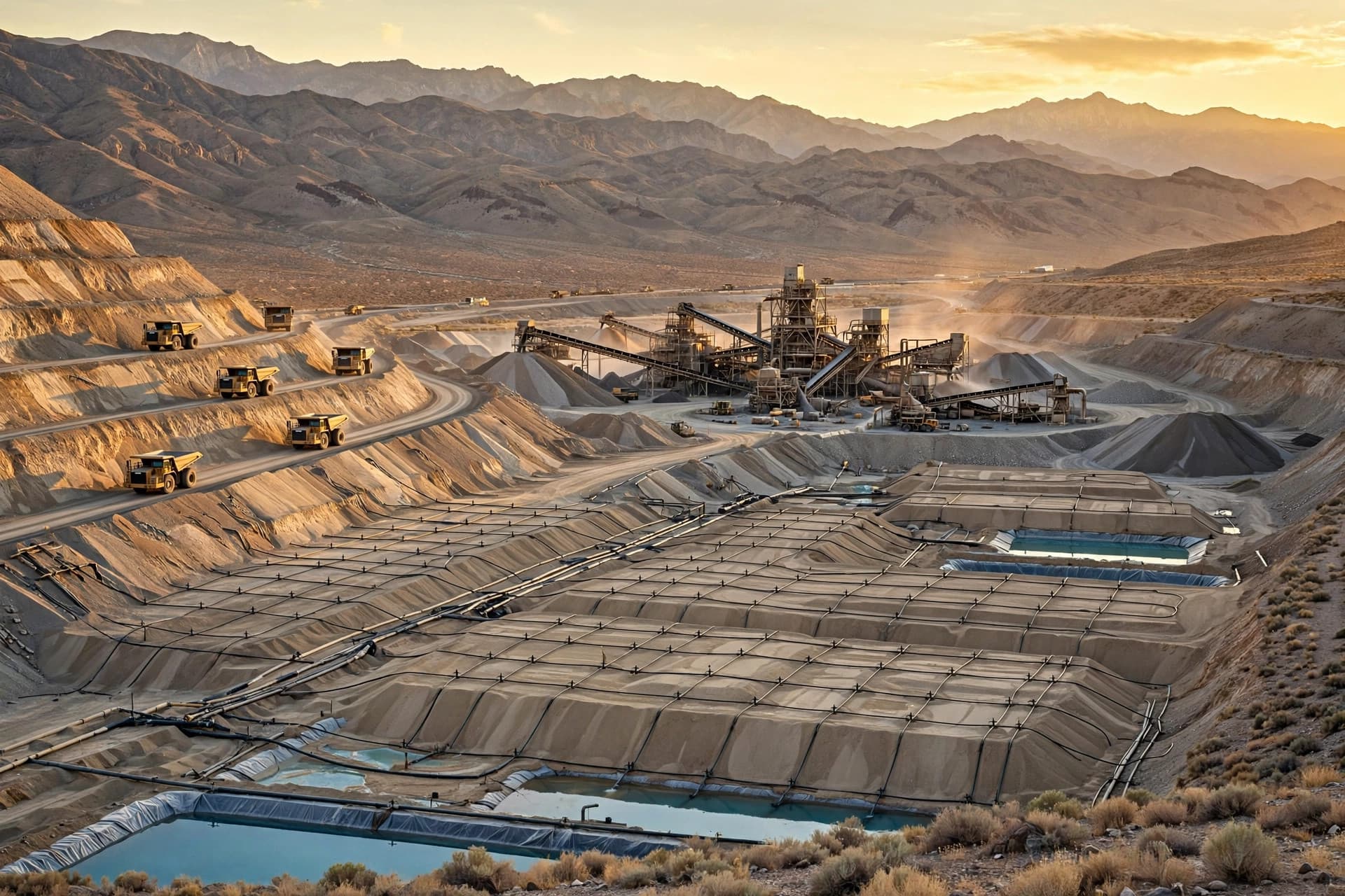 Open-pit gold mine with terraced benches and a crushing plant in Nevada high-desert country at golden hour