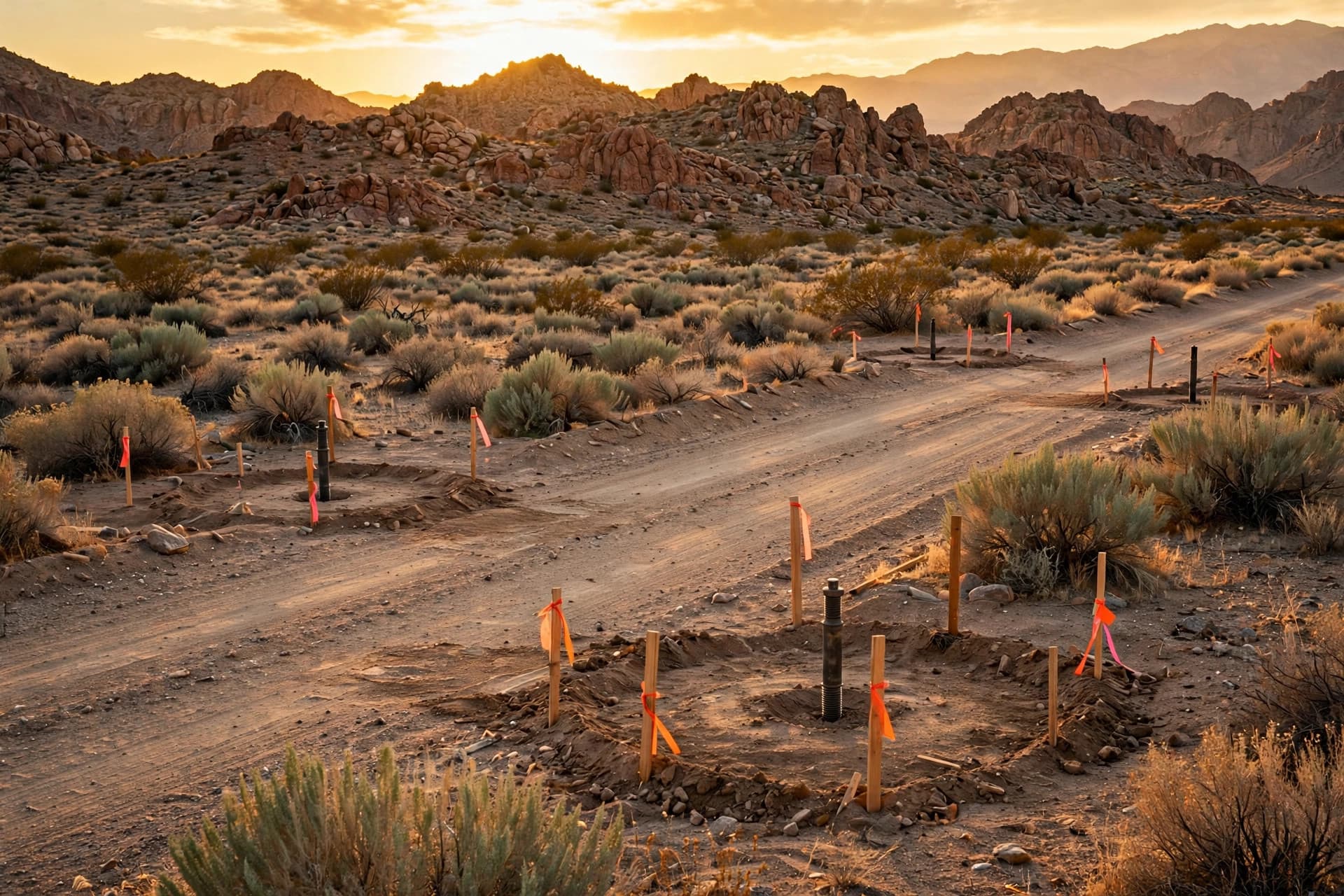 Nevada high desert and rocky ridge south of Battle Mountain at golden hour, with staked drill pads on a dirt road