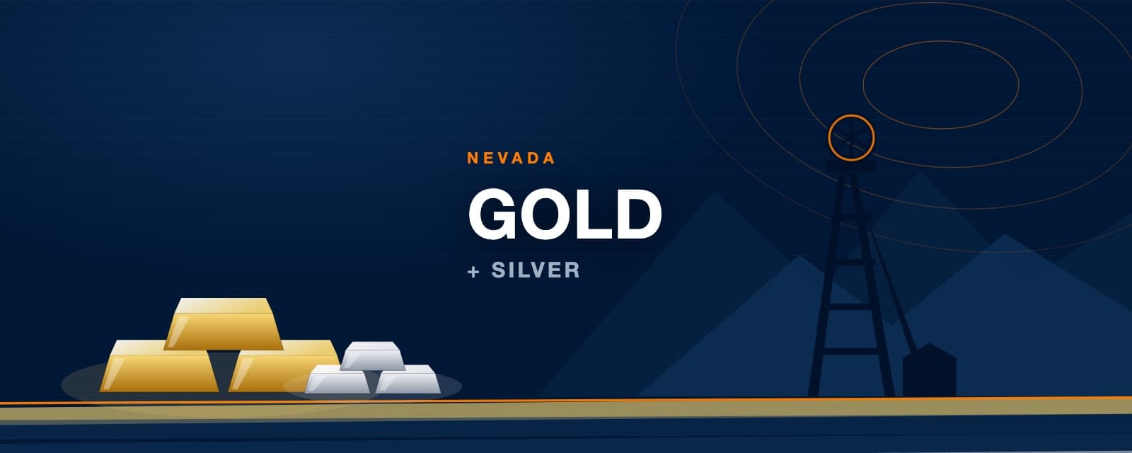 Branded illustration of gold and silver ingots before a Nevada mine headframe
