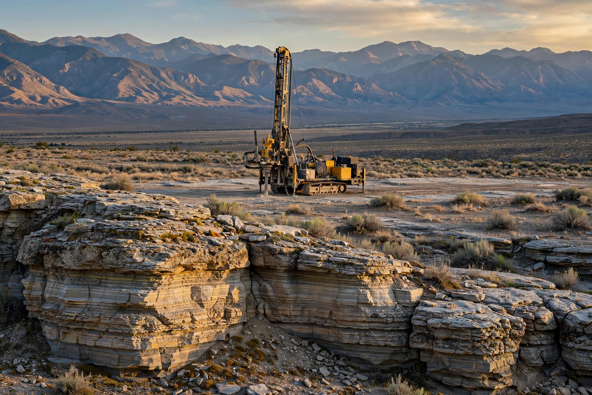 Exploration drill rig on a layered sedimentary plateau in northeast Nevada with mountain ranges behind