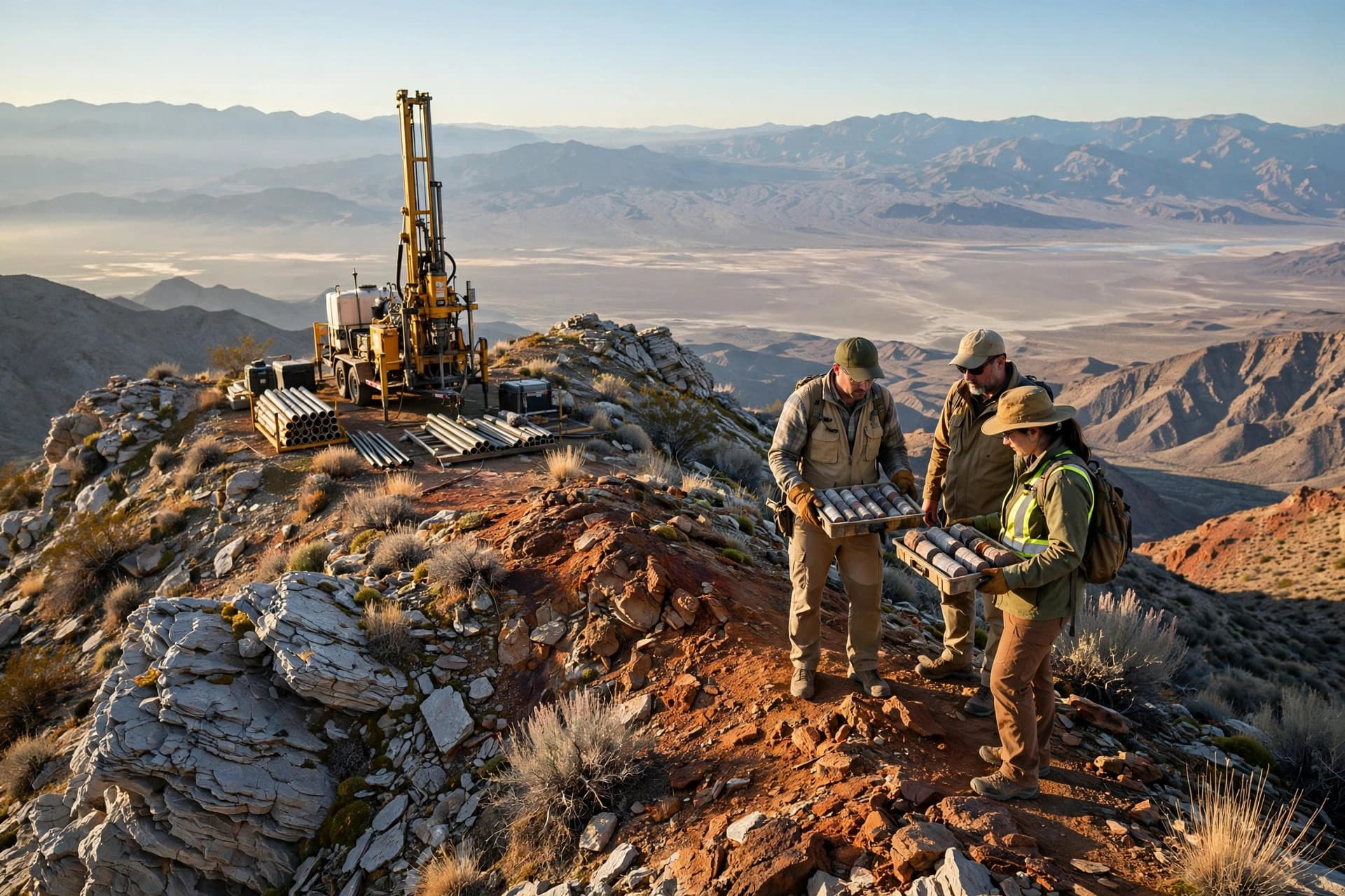 Drill rig on an oxide gold ridge in eastern Nevada with geologists carrying core trays, dolomite outcrops and basin-and-range country behind