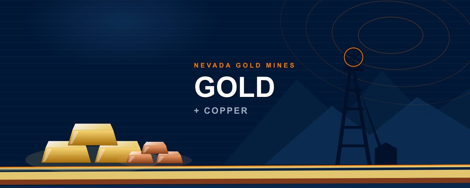 Branded illustration of gold and copper ingots before a mine headframe and mountain ridge