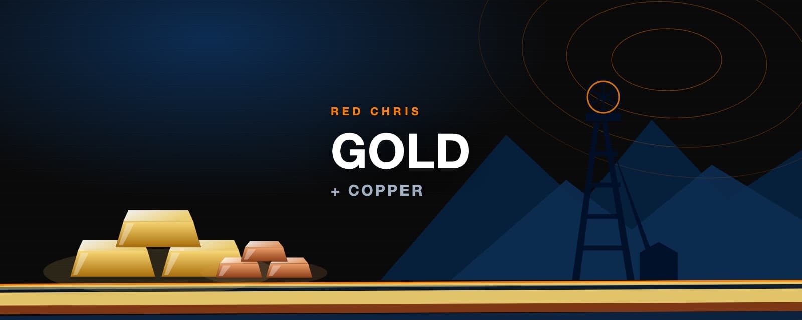 Branded illustration of gold and copper ingots before a mine headframe for the Red Chris project