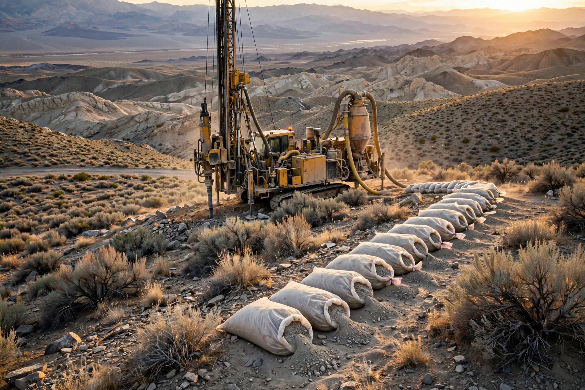 Reverse-circulation drill rig on a sagebrush ridge in Nevada's Humboldt County high desert at golden hour, sample bags lined up beside the rig