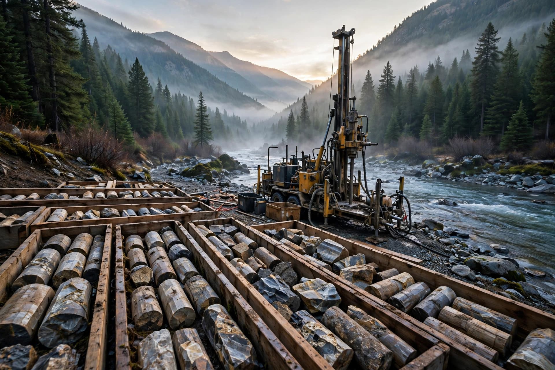 Diamond drill rig in a forested mountain valley in central Idaho at dawn, long core boxes laid out in the foreground