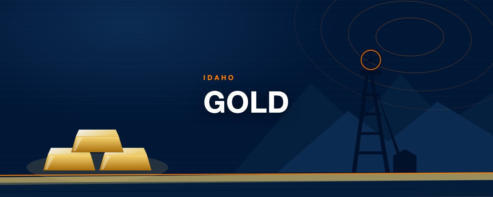 Branded illustration of gold ingots and a mine headframe over Idaho’s mountains