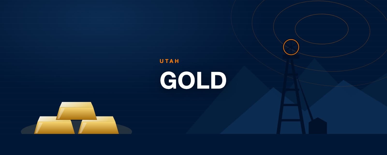 Branded illustration of gold ingots and a mine headframe over the Utah skyline