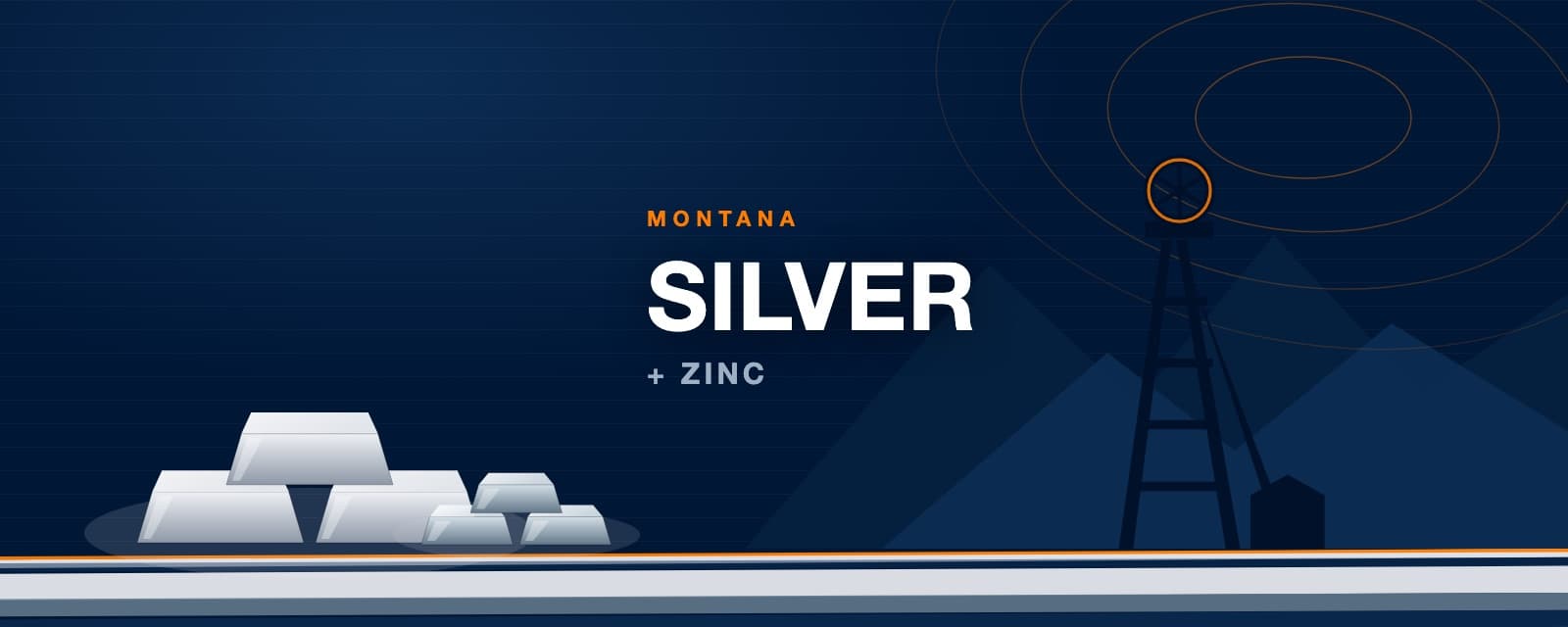 Branded illustration of silver and zinc ingots before a Butte, Montana mine headframe