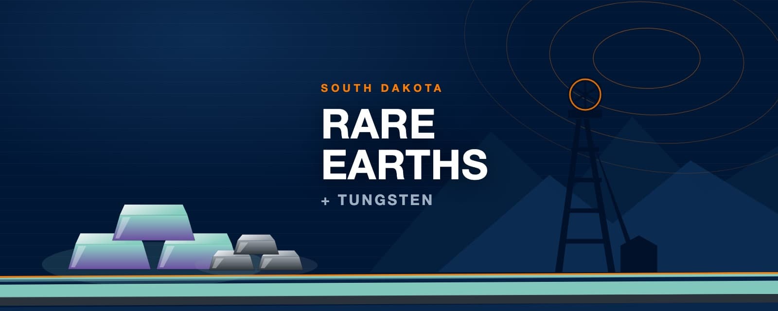 Branded illustration of rare earth ingot stacks and a mine headframe over layered strata