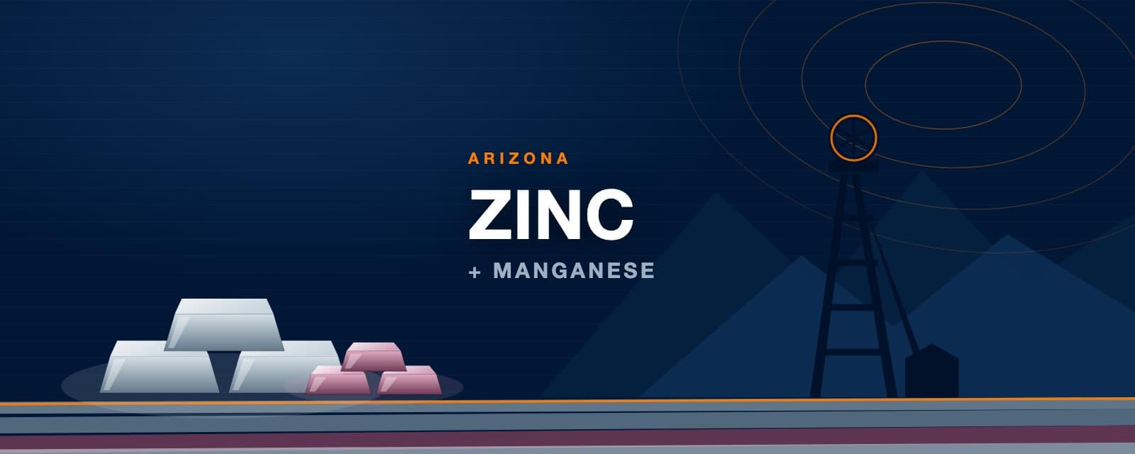 Branded illustration of zinc and manganese ingots before a mine headframe