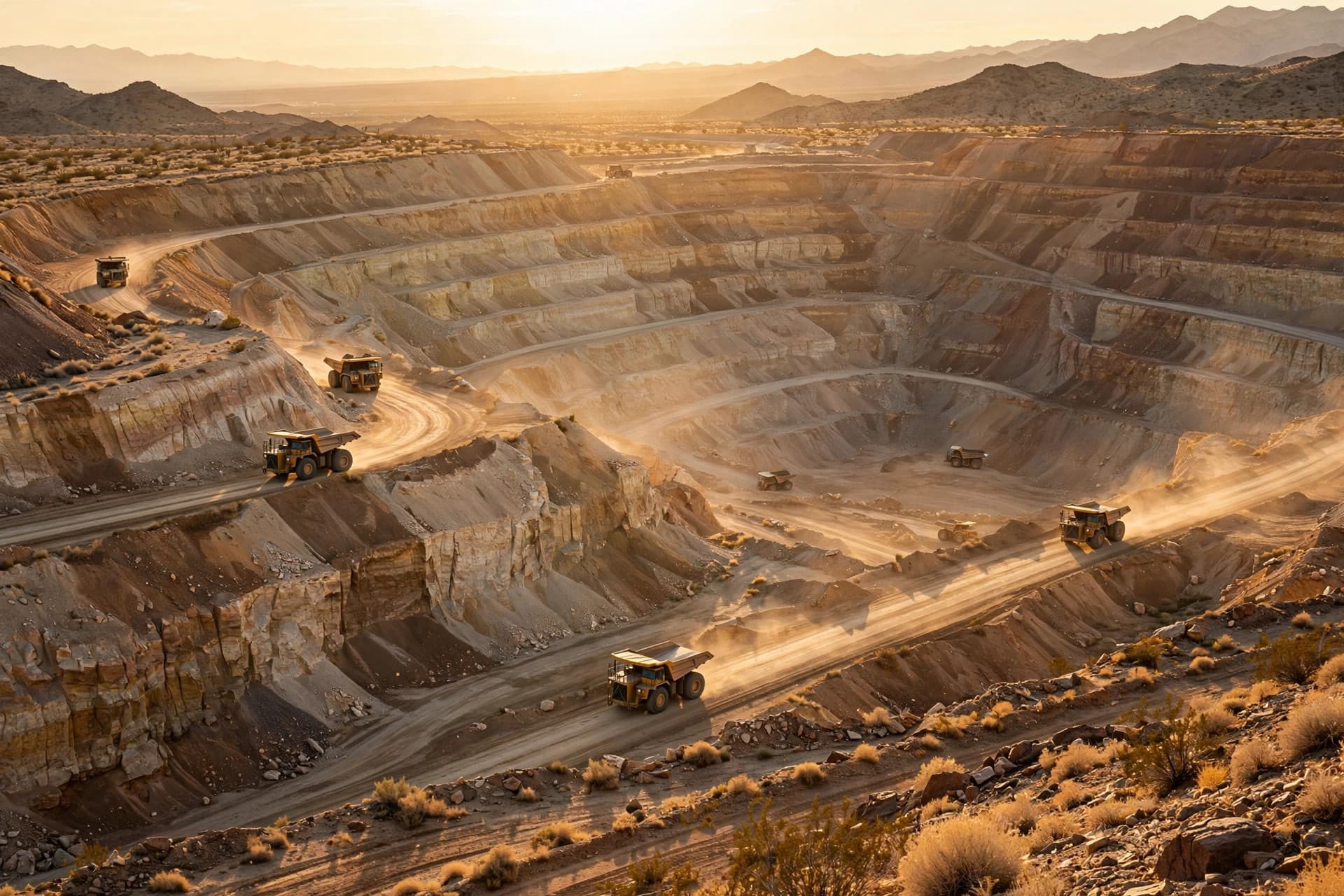 Large open-pit gold mine in the Nevada desert at golden hour, with haul trucks on terraced benches