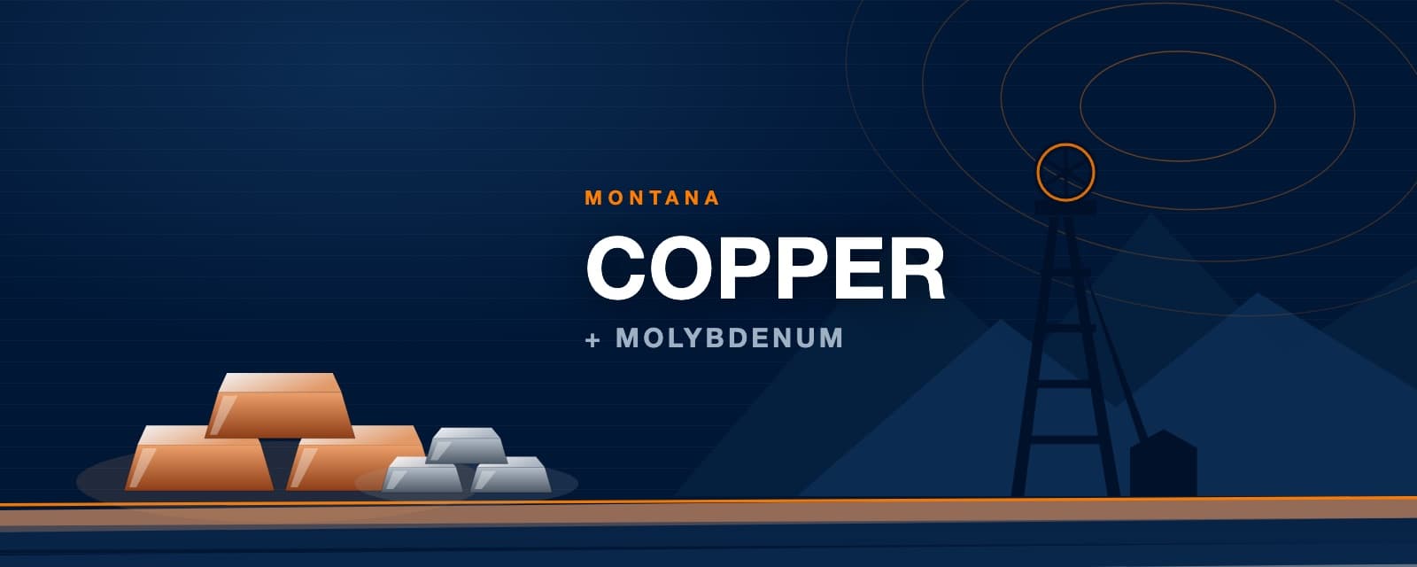 Stacked copper and molybdenum ingots before a mine headframe